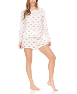 Bearpaw Omen's Relaxed Fit Long Sleeve T-Shirt And Wide Waist Shorts, Pajama Lounge Comfy Sleepwear Set, 2 Piece