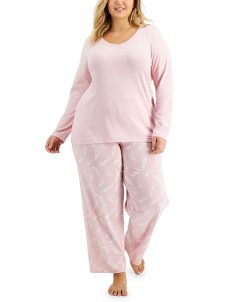 Charter Club Plus Size Long-Sleeve Top & Printed Pants Cotton Pajama Set, Created For Macy's