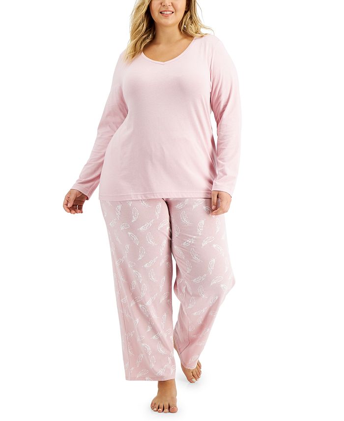 Plus Size Long-Sleeve Top & Printed Pants Cotton Pajama Set, Created For Macy's Charter Club Plus Size Long-Sleeve Top & Printed Pants Cotton Pajama Set, Created For Macy's -B.TEMPT’D Shop