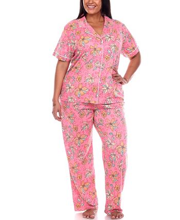 Plus Size Short Sleeve Pants Tropical Pajama Set, 2-Piece White Mark Plus Size Short Sleeve Pants Tropical Pajama Set, 2-Piece -B.TEMPT’D Shop