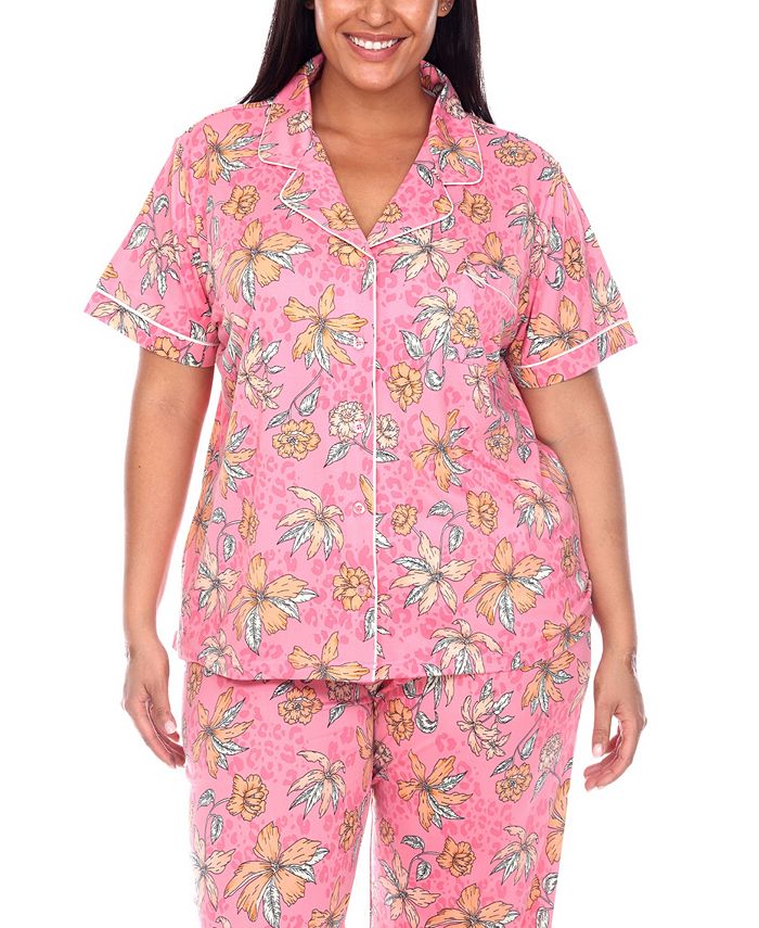 Plus Size Short Sleeve Pants Tropical Pajama Set, 2-Piece White Mark Plus Size Short Sleeve Pants Tropical Pajama Set, 2-Piece -B.TEMPT’D Shop