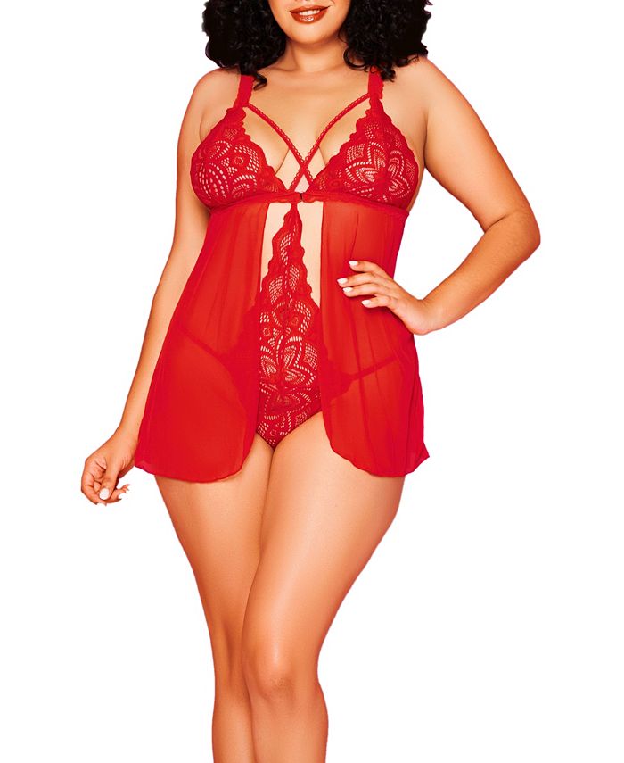Stella Plus Size Galloon Lace And Mesh Soft Cup Babydoll With Connected Bodysuit Inside And Flyaway Front Hauty Stella Plus Size Galloon Lace And Mesh Soft Cup Babydoll With Connected Bodysuit Inside And Flyaway Front -B.TEMPT’D Shop