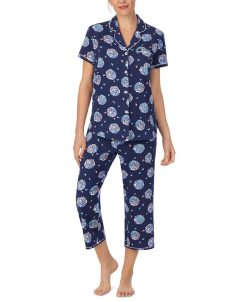 Cuddl Duds Printed Short Sleeve Notch-Collar Cropped Pajama Set