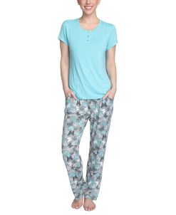 Hanes Women's Short Sleeve Henley Top & Pajama Pants Set