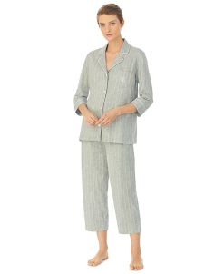 Lauren Ralph Lauren Womens 3/4 Sleeve Cotton Notch Collar Capri Pant Pajama Set