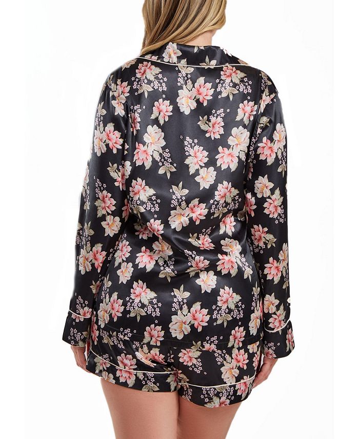 yrus Plus Size Floral Satin Pajama Short Set With Cuff Detail, 2 Piece ICollection Yrus Plus Size Floral Satin Pajama Short Set With Cuff Detail, 2 Piece -B.TEMPT’D Shop