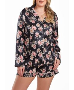 ICollection Yrus Plus Size Floral Satin Pajama Short Set With Cuff Detail, 2 Piece