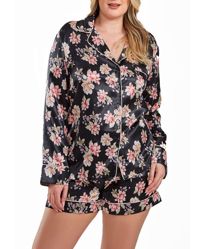 yrus Plus Size Floral Satin Pajama Short Set With Cuff Detail, 2 Piece ICollection Yrus Plus Size Floral Satin Pajama Short Set With Cuff Detail, 2 Piece -B.TEMPT’D Shop