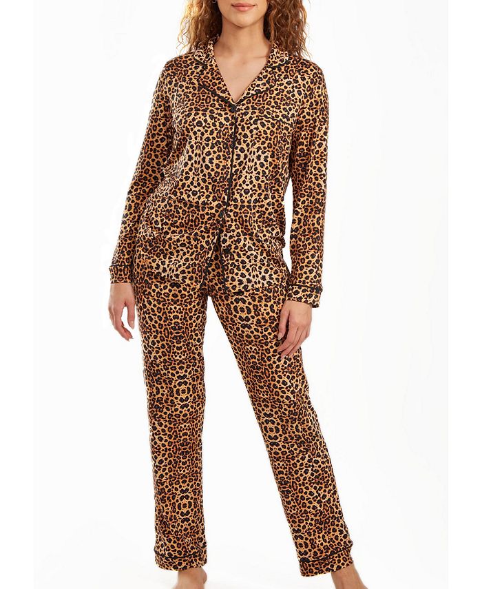 Women's Chiya Modal Leopard Pajama Pant Set With Button Down Collar, 2 Piece ICollection Women's Chiya Modal Leopard Pajama Pant Set With Button Down Collar, 2 Piece -B.TEMPT’D Shop